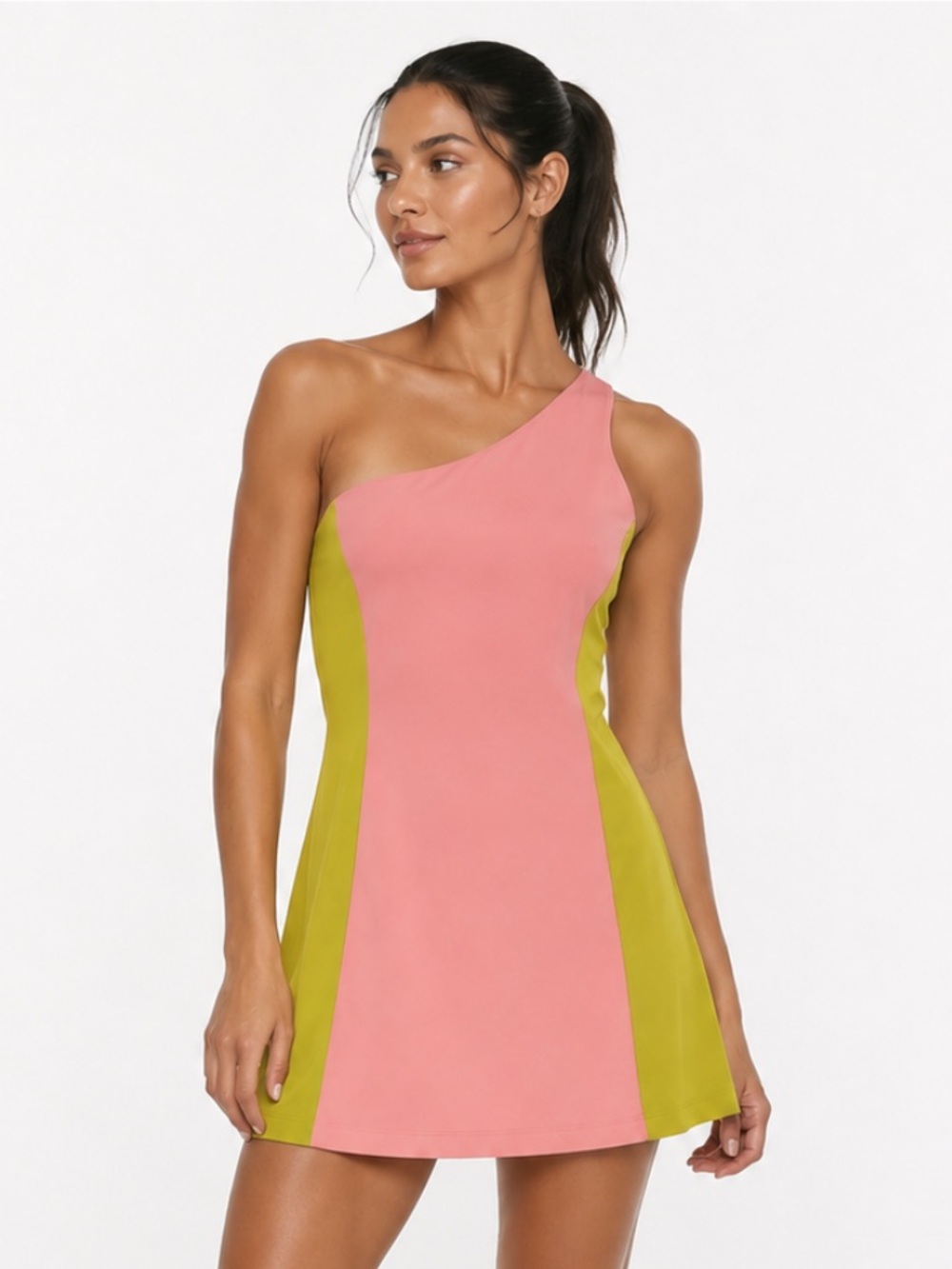 OUTDOOR VOICES One-Shoulder Pink and Yellow Colorblock Dress